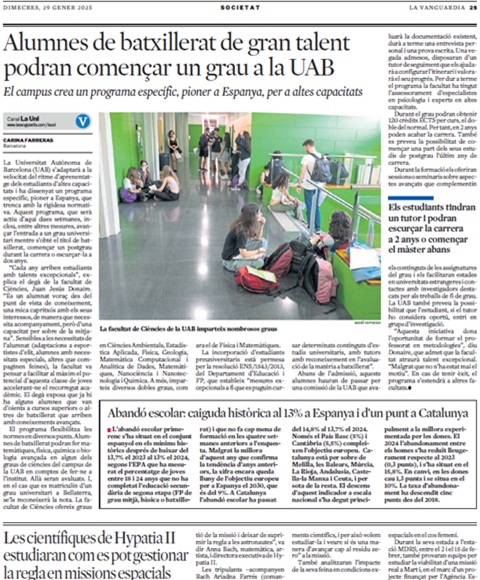 La Vanguardia: Alumnes de batxillerat de gran talent podran començar un grau a la UAB