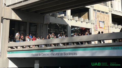 Alumnes a l'entrada de la Facultat de Ciències